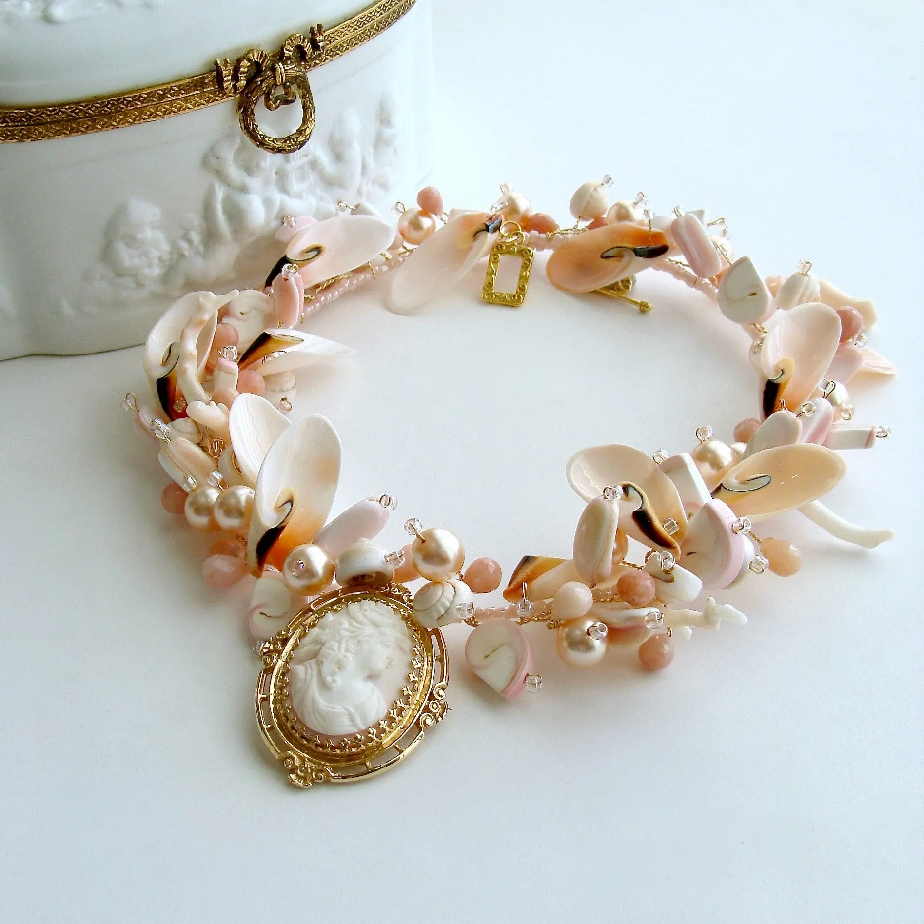 14K Gold Angelskin Coral Carved Cameo Shell Necklace - Shell of an Idea IV Necklace