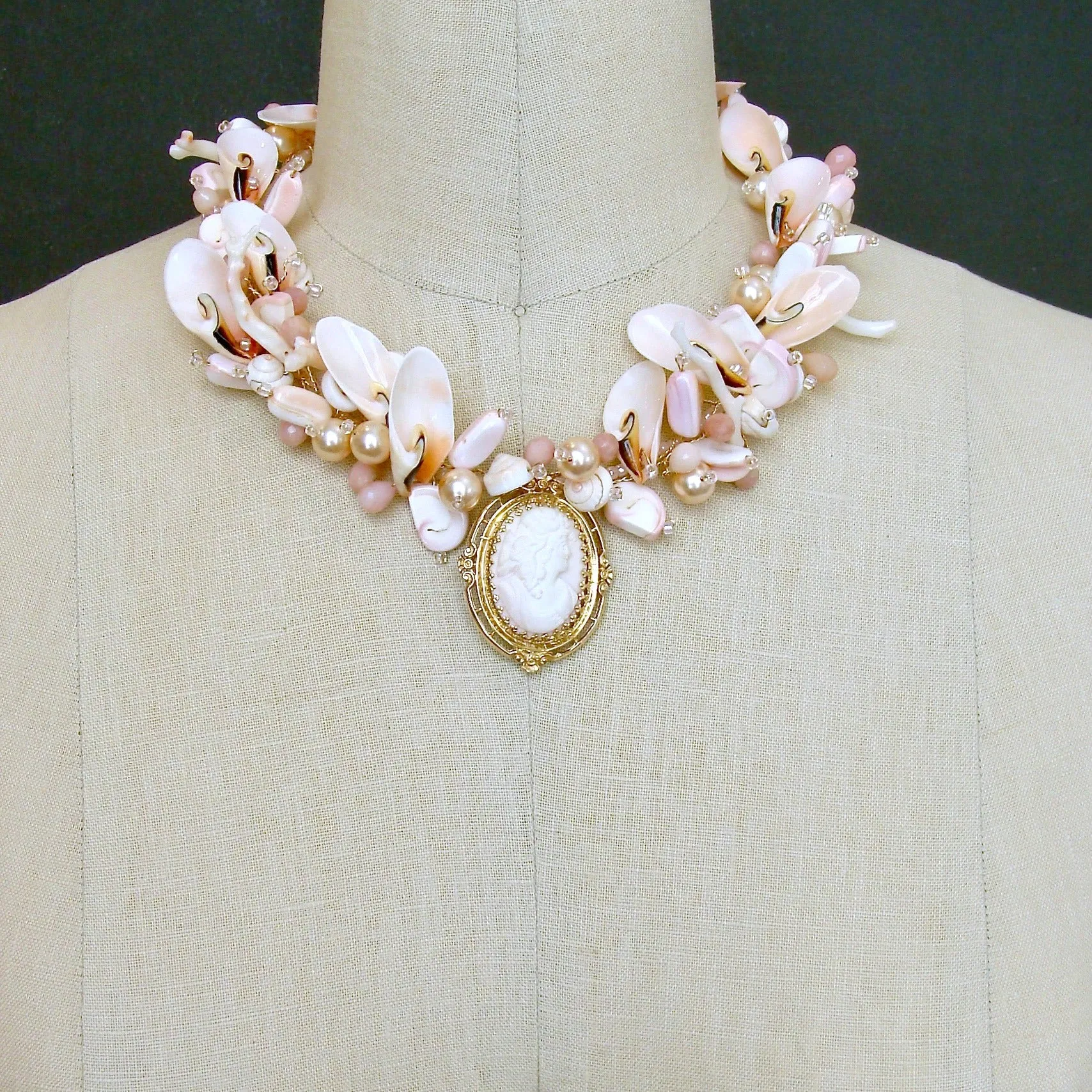 14K Gold Angelskin Coral Carved Cameo Shell Necklace - Shell of an Idea IV Necklace
