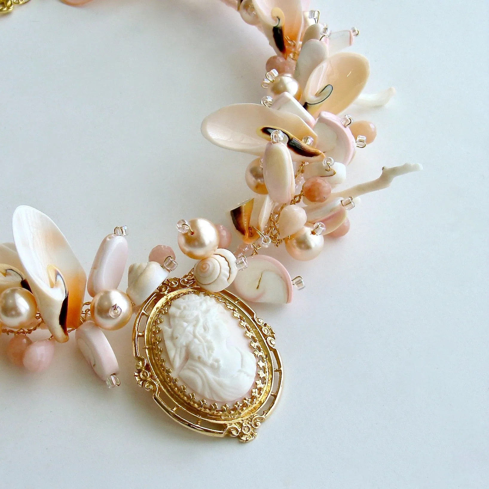 14K Gold Angelskin Coral Carved Cameo Shell Necklace - Shell of an Idea IV Necklace