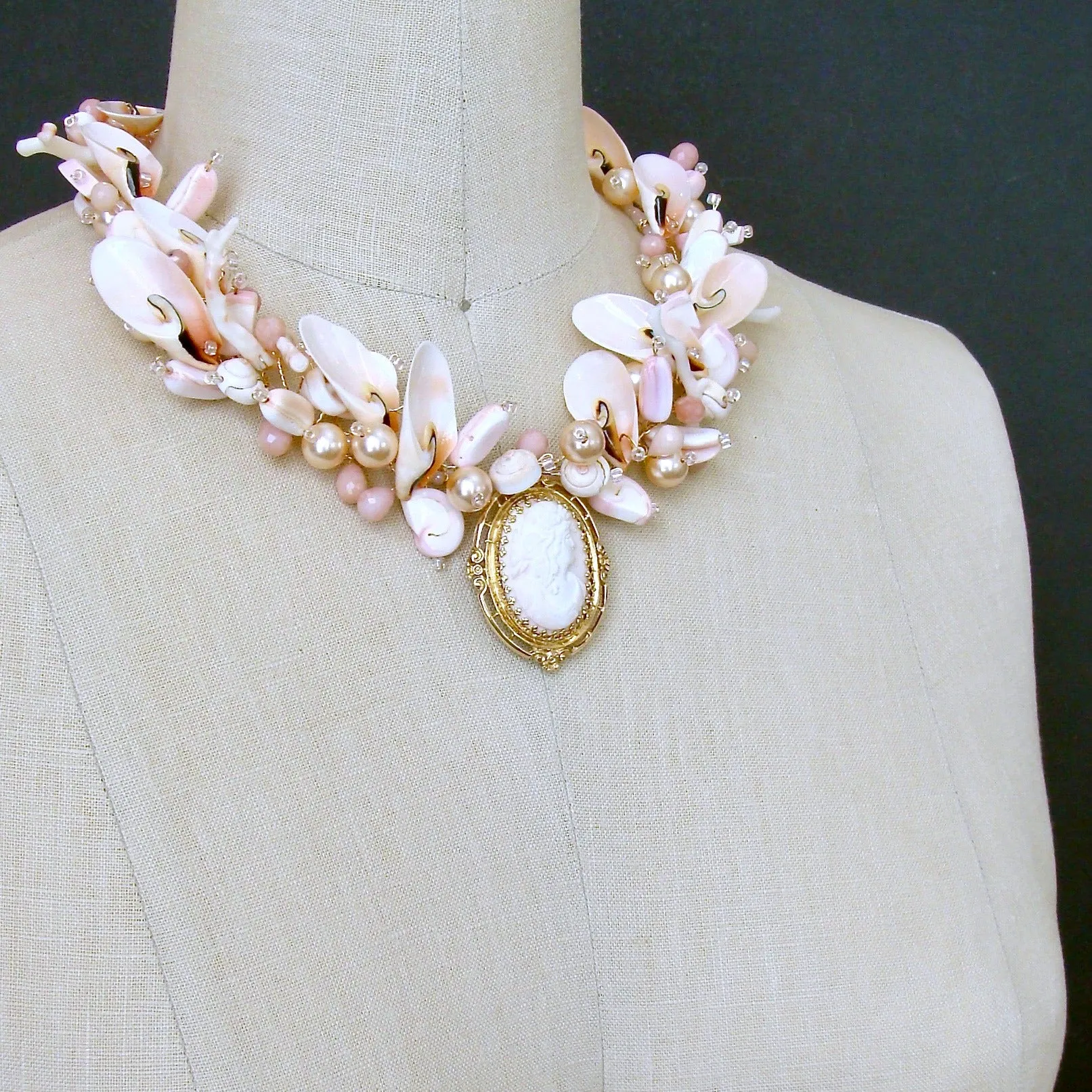 14K Gold Angelskin Coral Carved Cameo Shell Necklace - Shell of an Idea IV Necklace