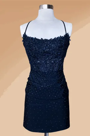 AC TM1013S - Short Fitted Boat Neck Homecoming Dress with Embroidered Bodice Rhinestone Accents & Open Strappy Back