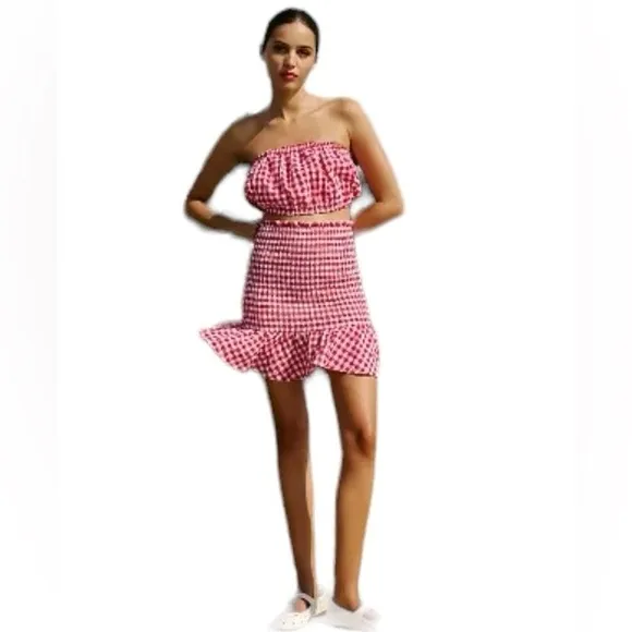 Anthropologie Mable Gingham Smocked Mini Skirt Set Size Medium