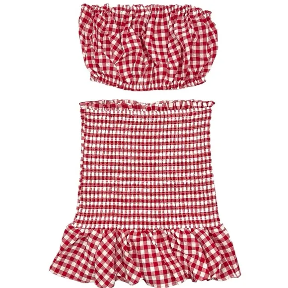 Anthropologie Mable Gingham Smocked Mini Skirt Set Size Medium