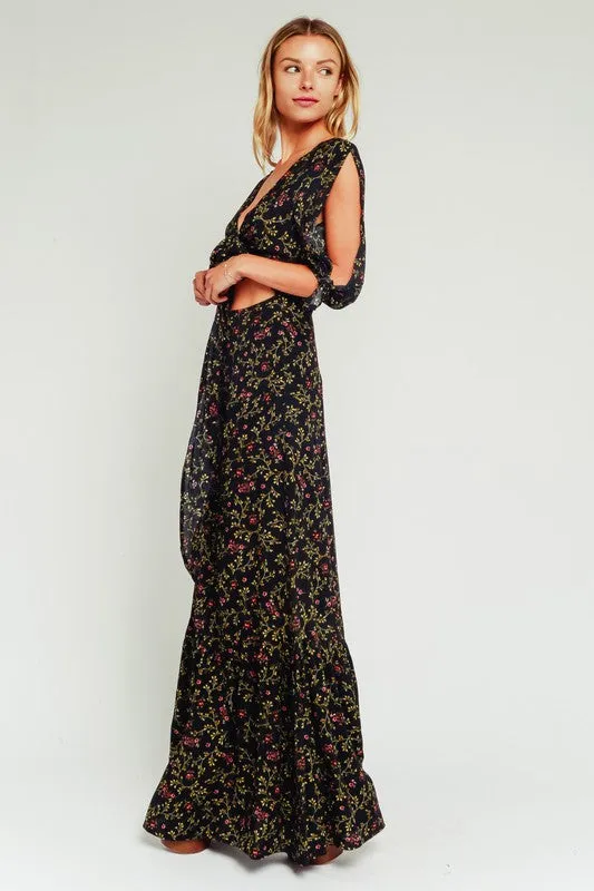 ARIES FLORAL CUTOUT MAXI DRESS