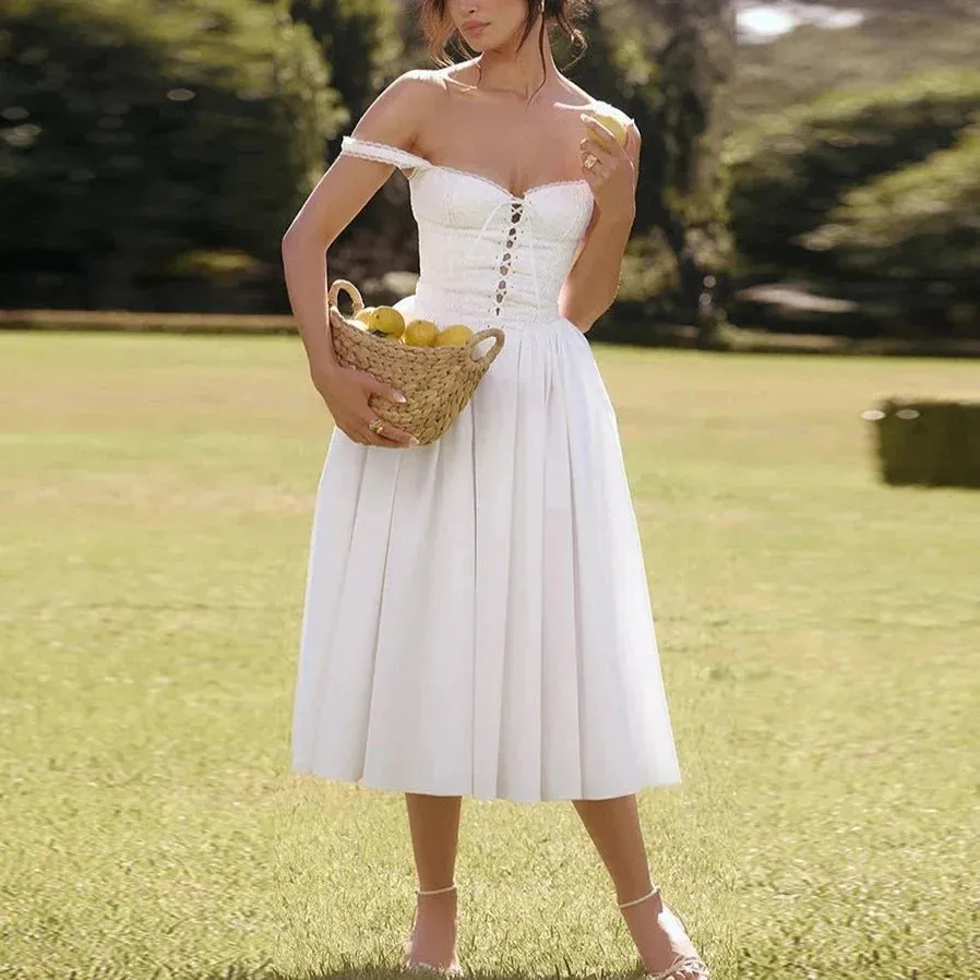 Auzaria - White Broderie Fit & Flare Lace Up Midi Dress