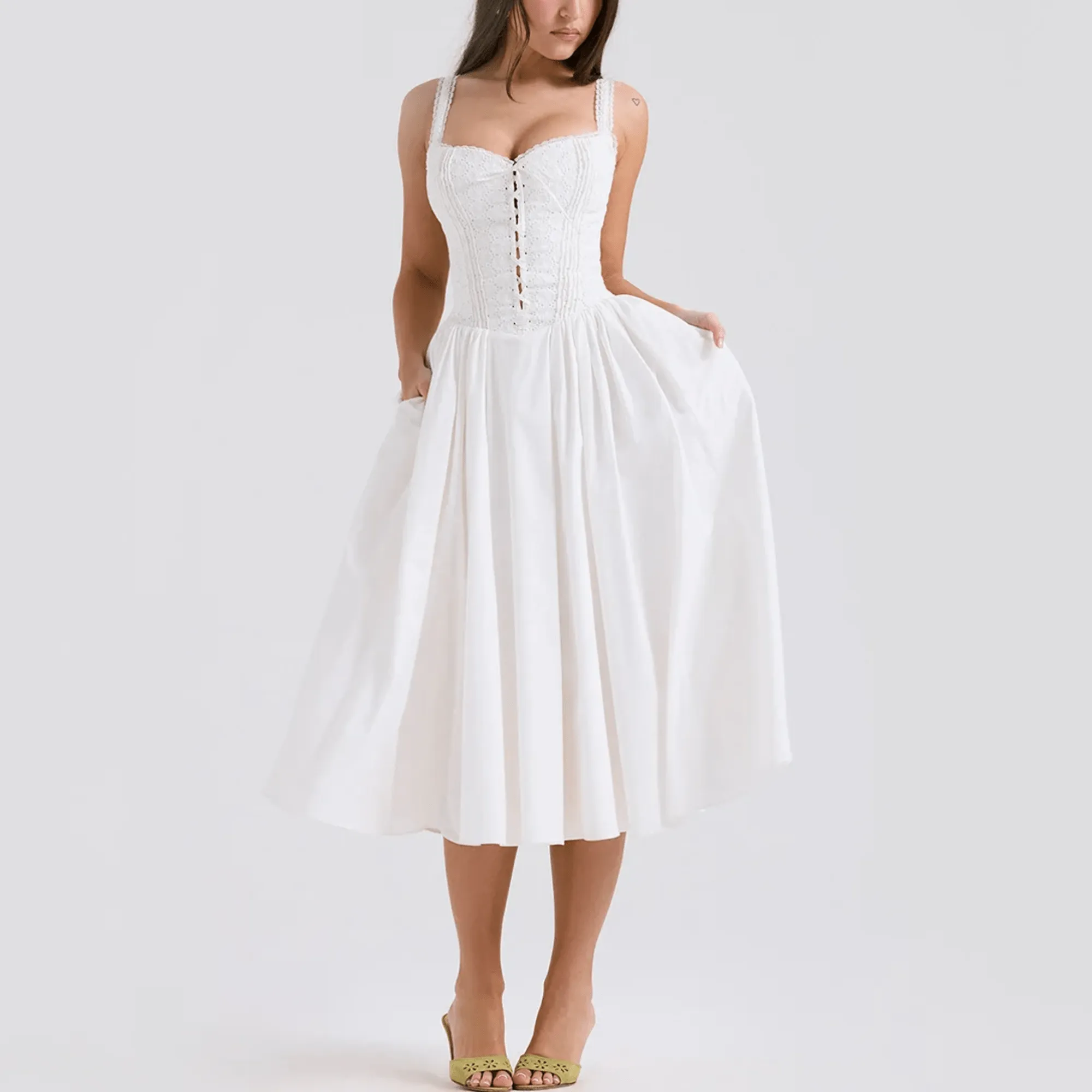 Auzaria - White Broderie Fit & Flare Lace Up Midi Dress