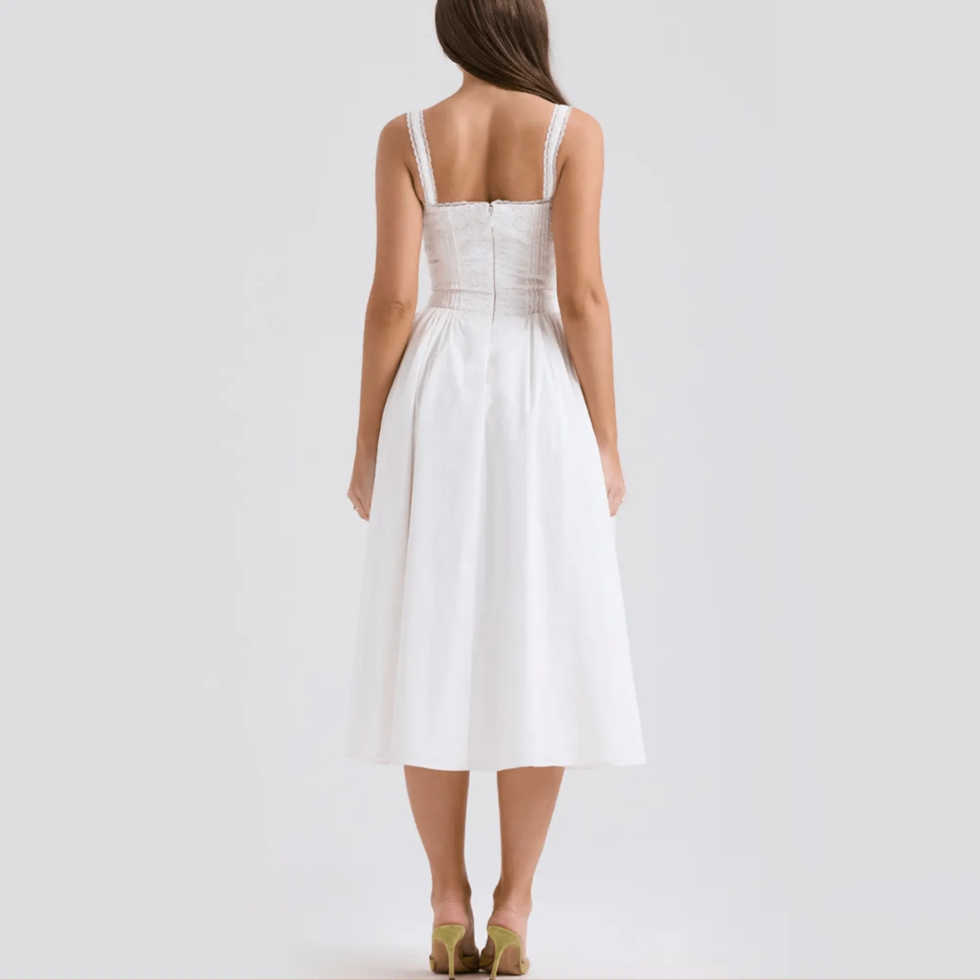 Auzaria - White Broderie Fit & Flare Lace Up Midi Dress