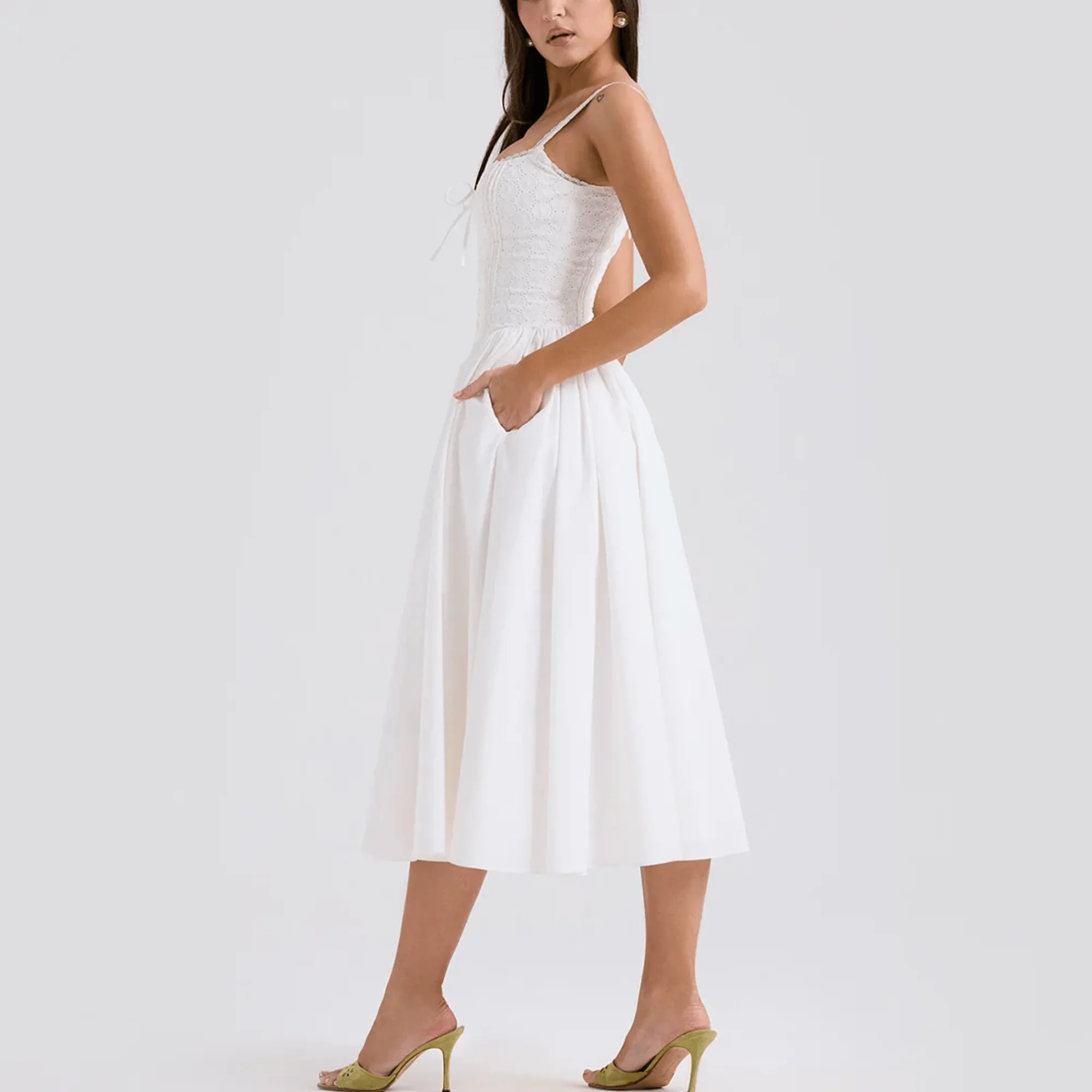 Auzaria - White Broderie Fit & Flare Lace Up Midi Dress