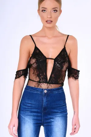 Black Lace Strappy Bardot Strap Bodysuit - Reanne