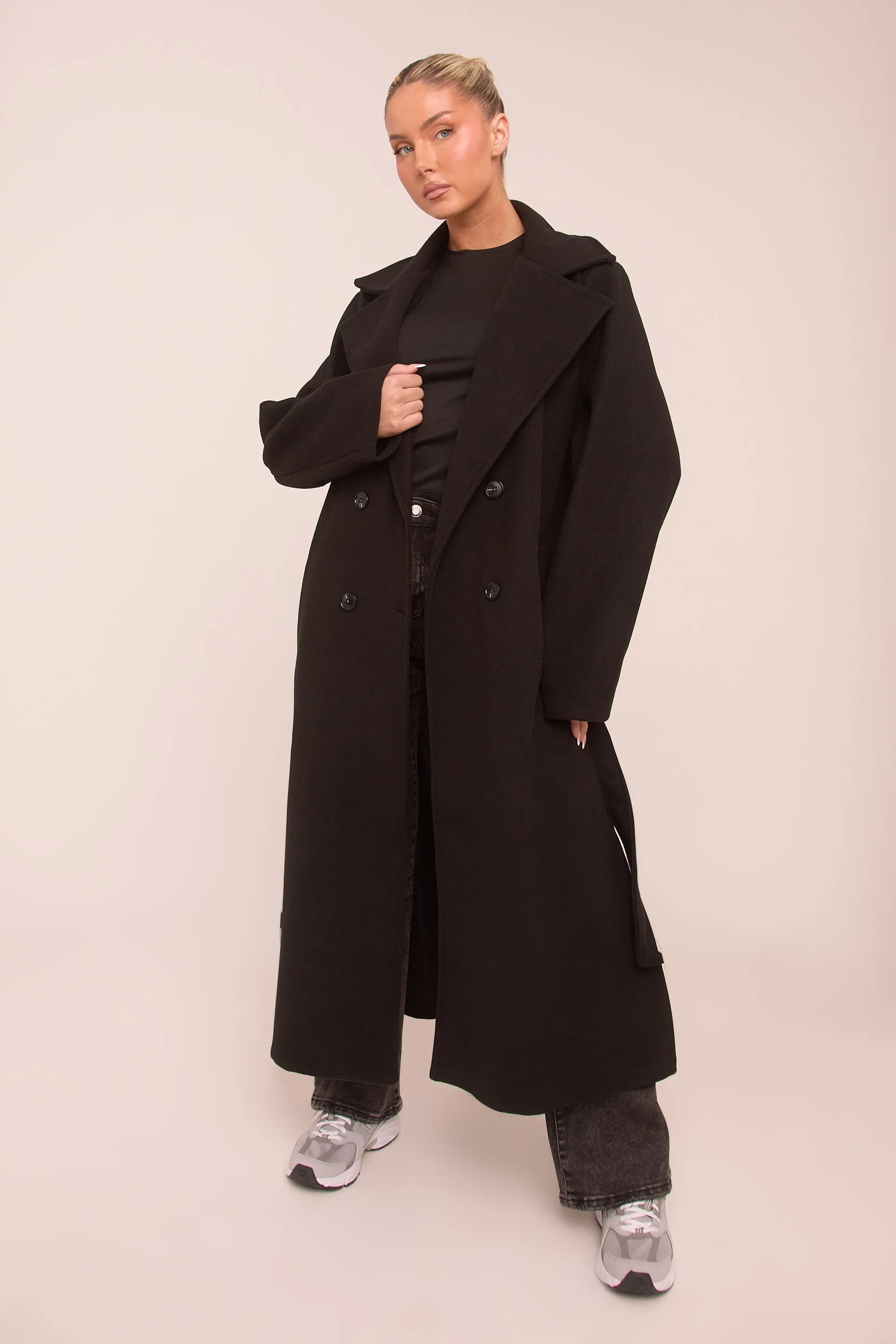 Black Oversized Double Breasted Wool Look Coat - Eloise