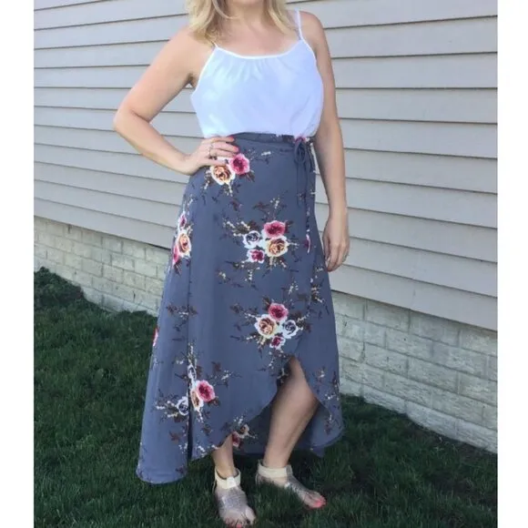 Boho Gray Floral Print Tie Waist Wrap Maxi Skirt Leg Slit Flowy Skirt Cover Up