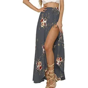 Boho Gray Floral Print Tie Waist Wrap Maxi Skirt Leg Slit Flowy Skirt Cover Up