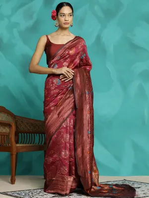 Burgundy Heavy Zari Woven Banarasi Saree