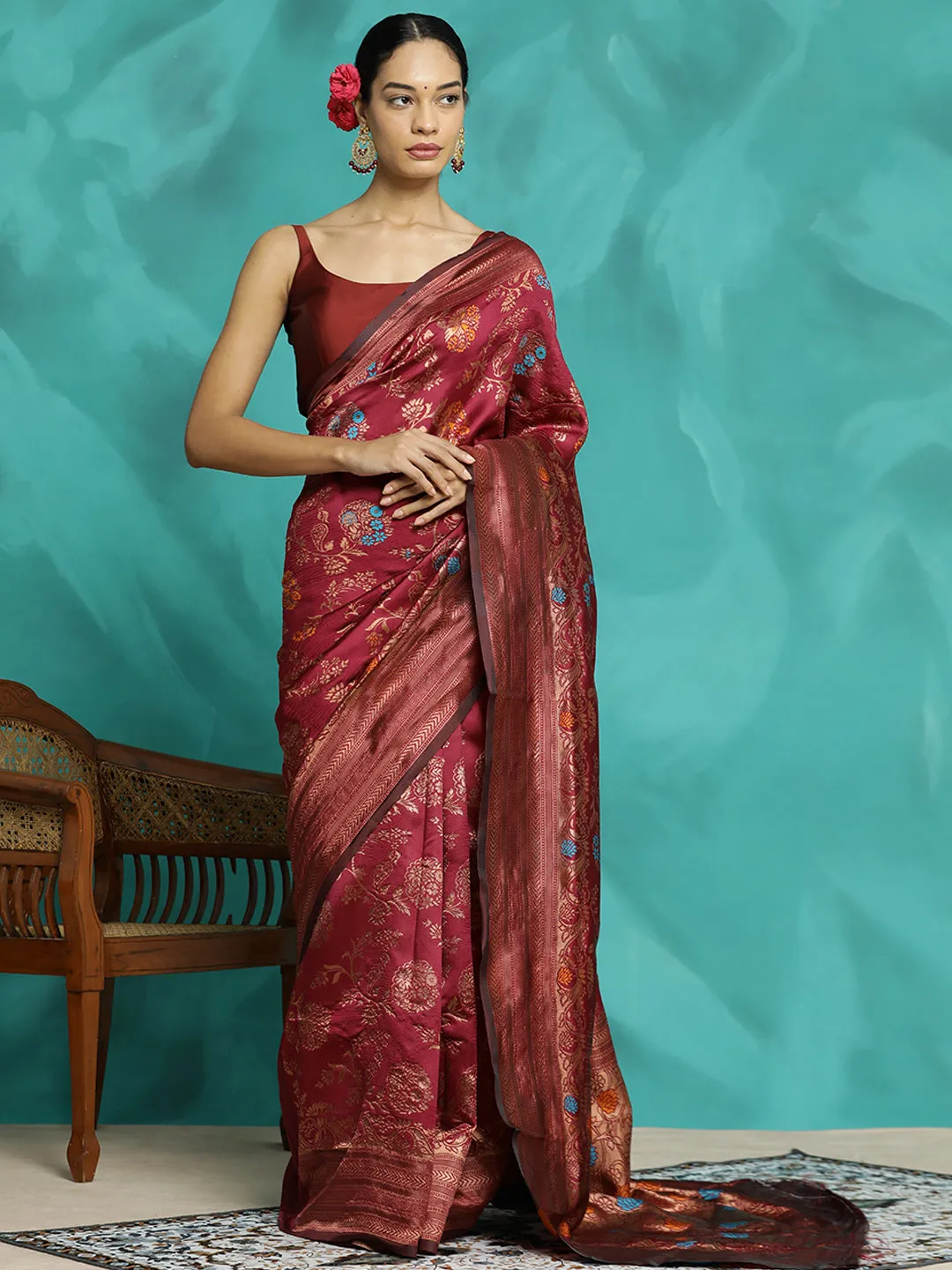 Burgundy Heavy Zari Woven Banarasi Saree