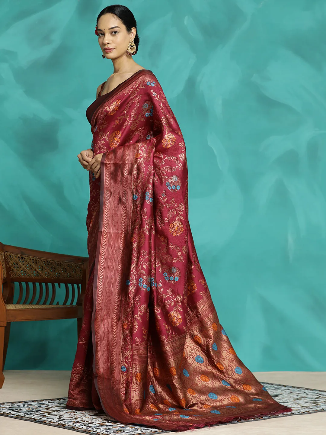 Burgundy Heavy Zari Woven Banarasi Saree