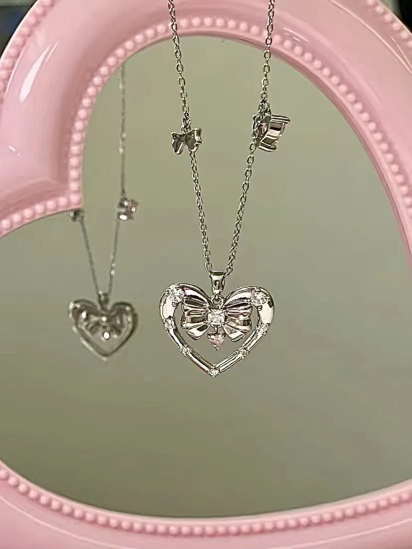 Chic CZ Inlaid Bowknot Heart Pendant Necklace