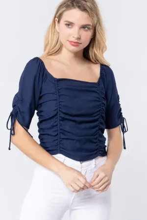 Elbow Slv Smocked Ruched Woven Top