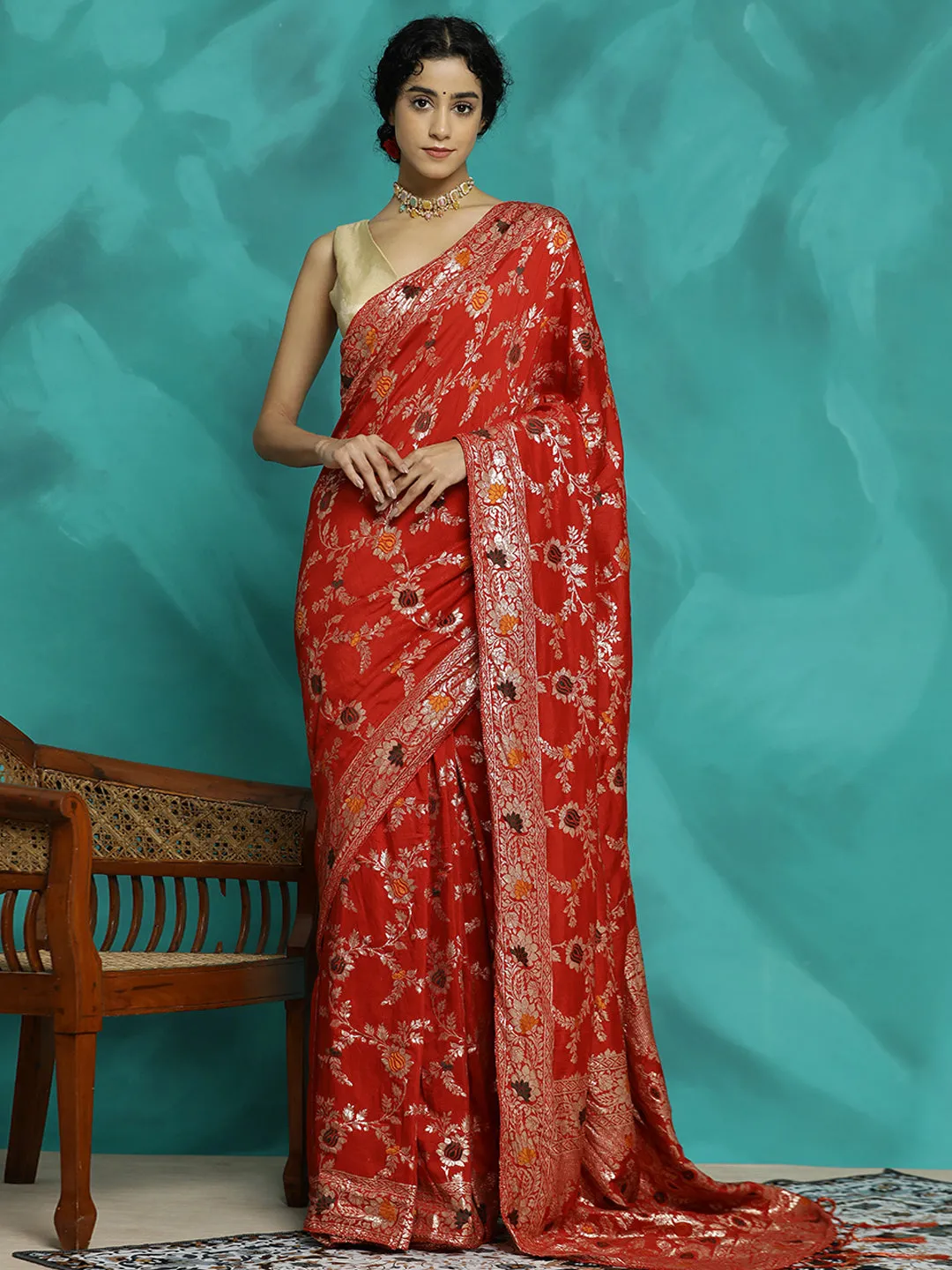 Floral Zari Woven Heavy Red Banarasi Saree