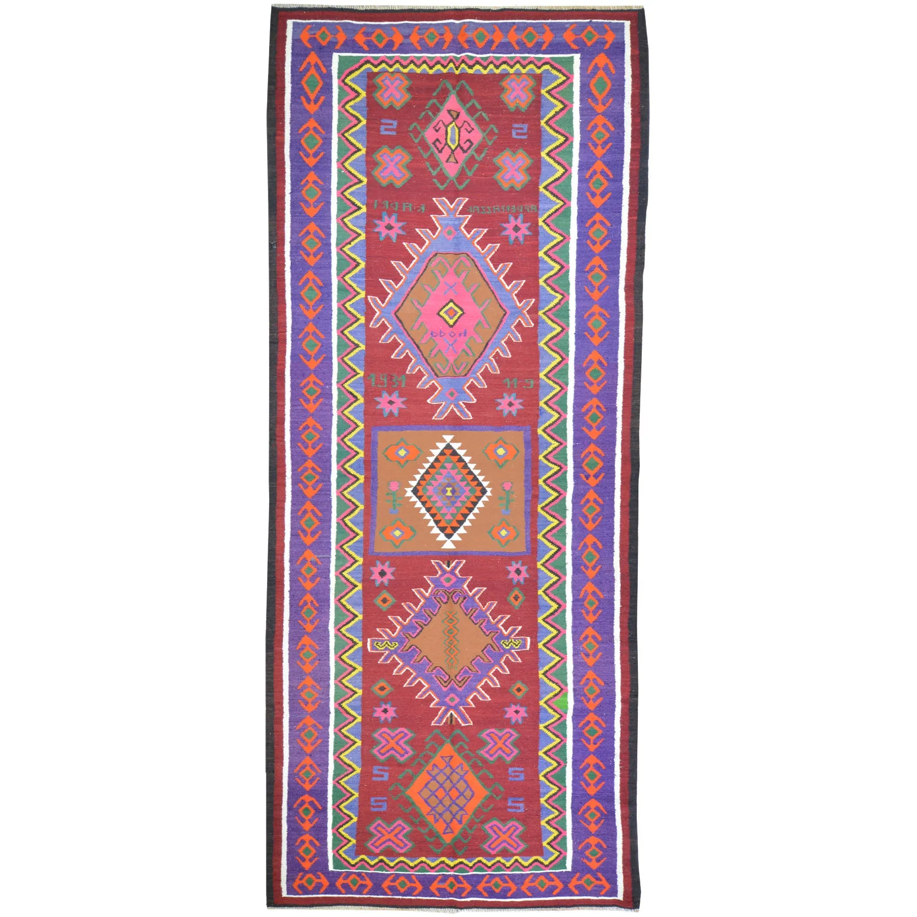 Hand-Woven Flatweave Geometric Design Kilim Rug (Size 5.0 X 12.7) Cwral-8262