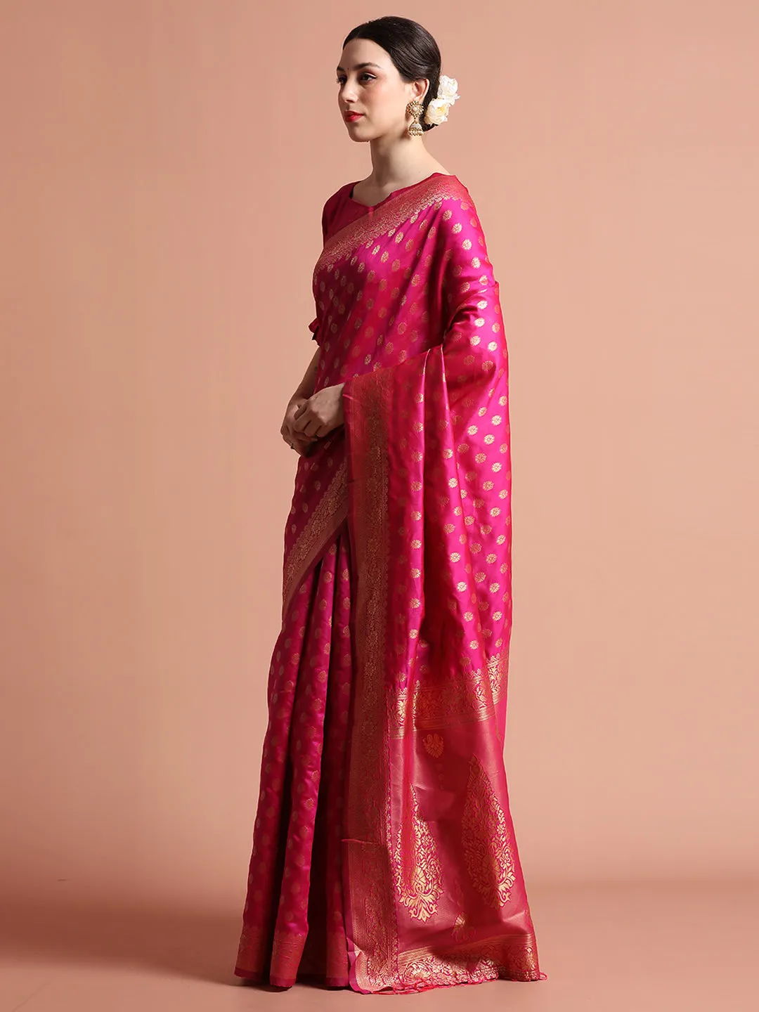 Heavy Banarasi Pink Zari Woven Silk Blend Saree