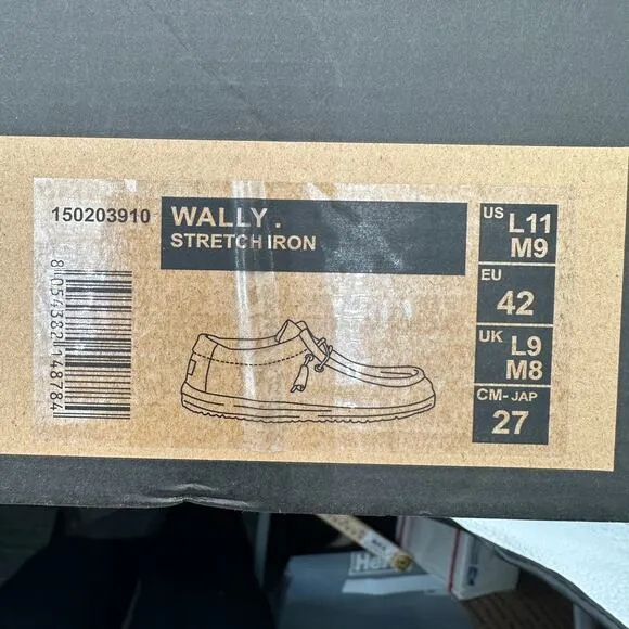 Hey Dudes Wally Stretch Iron Shoe Mens US 9 EU 42 New in Box Comfort Slip On