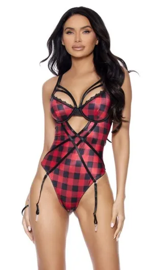 Holiday Buffalo Plaid Strappy Front Teddy