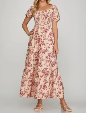 Isla Floral Smocked Maxi Dress In Berry