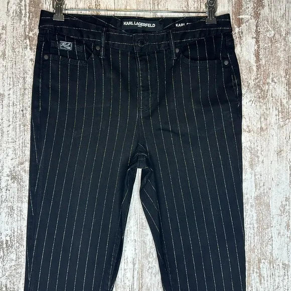 KARL LAGERFELD PARIS Women's Mid Rise Slim Leg Metallic-Stripe Jeans Sz 10