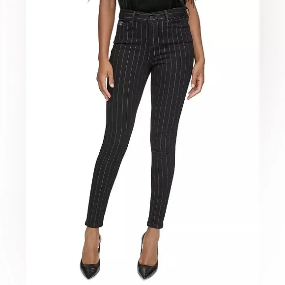 KARL LAGERFELD PARIS Women's Mid Rise Slim Leg Metallic-Stripe Jeans Sz 10