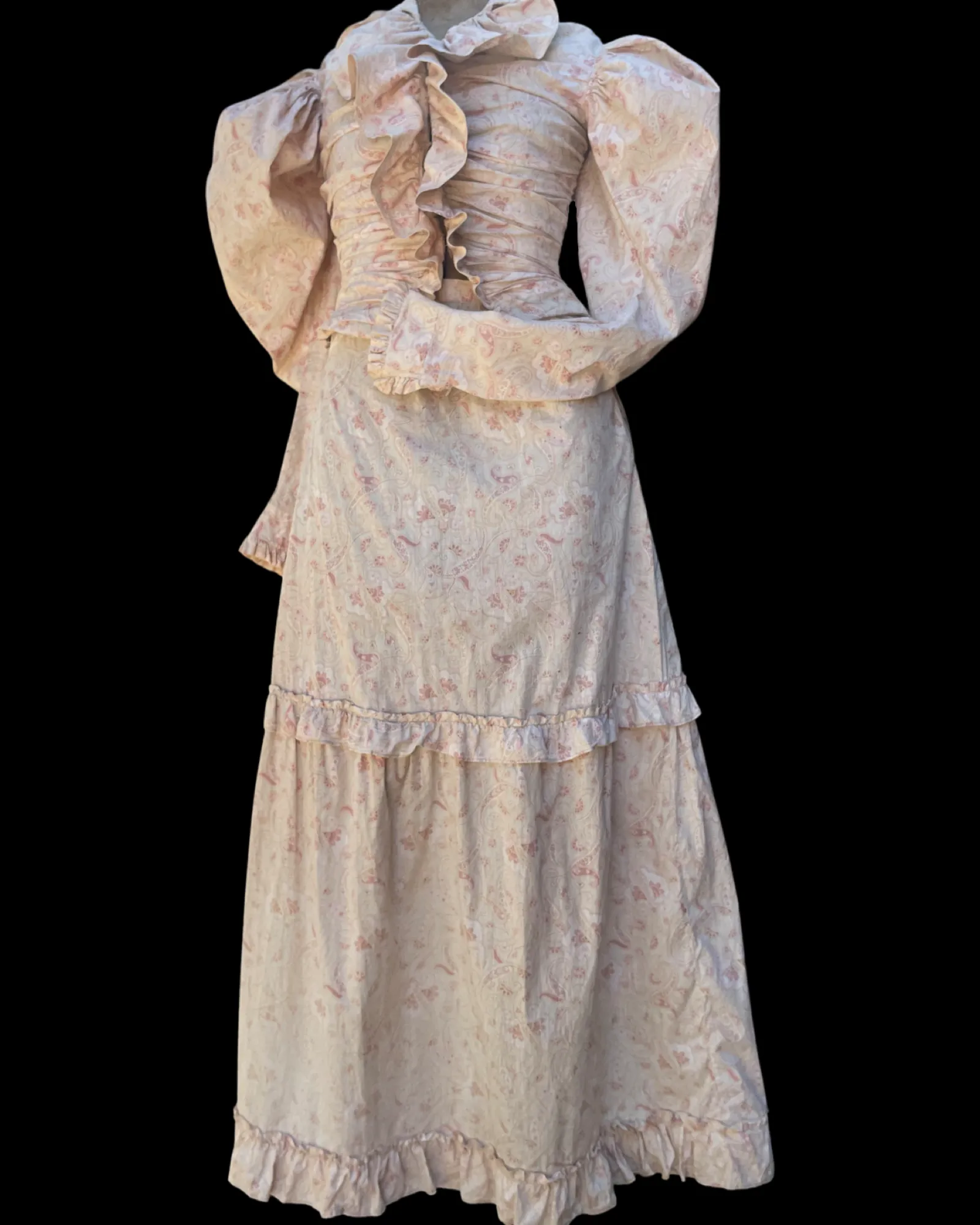 Late 19th C Pink Paisley Calico Gigot Sleeve-Ruched Front Dress