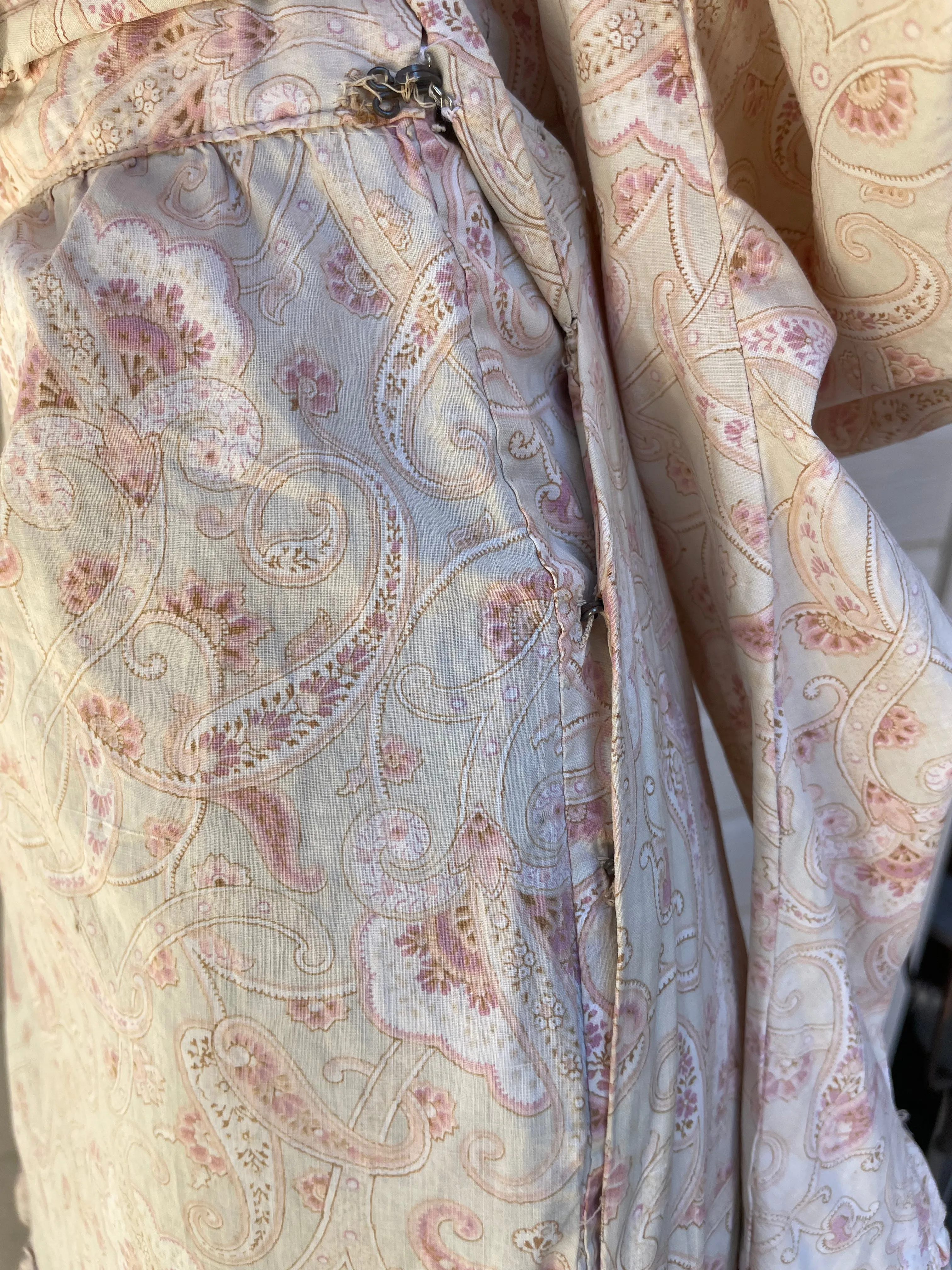 Late 19th C Pink Paisley Calico Gigot Sleeve-Ruched Front Dress