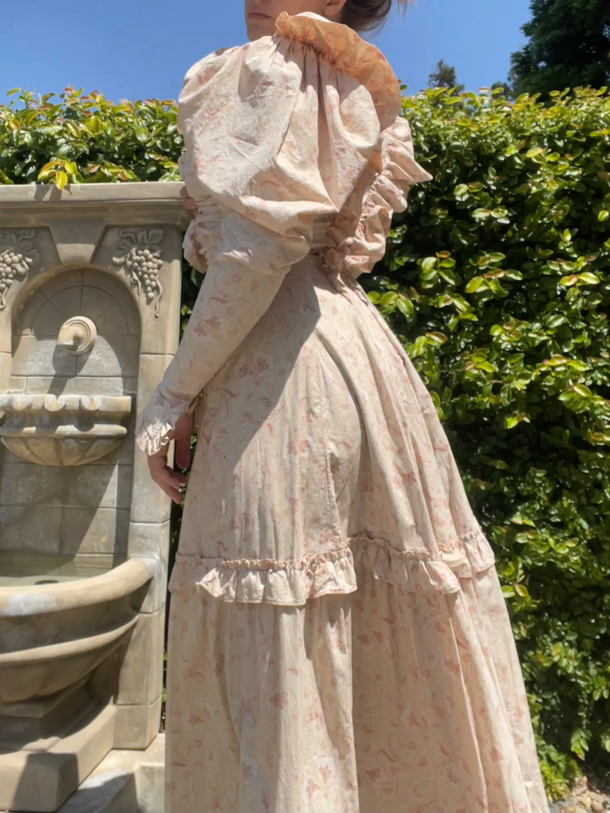 Late 19th C Pink Paisley Calico Gigot Sleeve-Ruched Front Dress