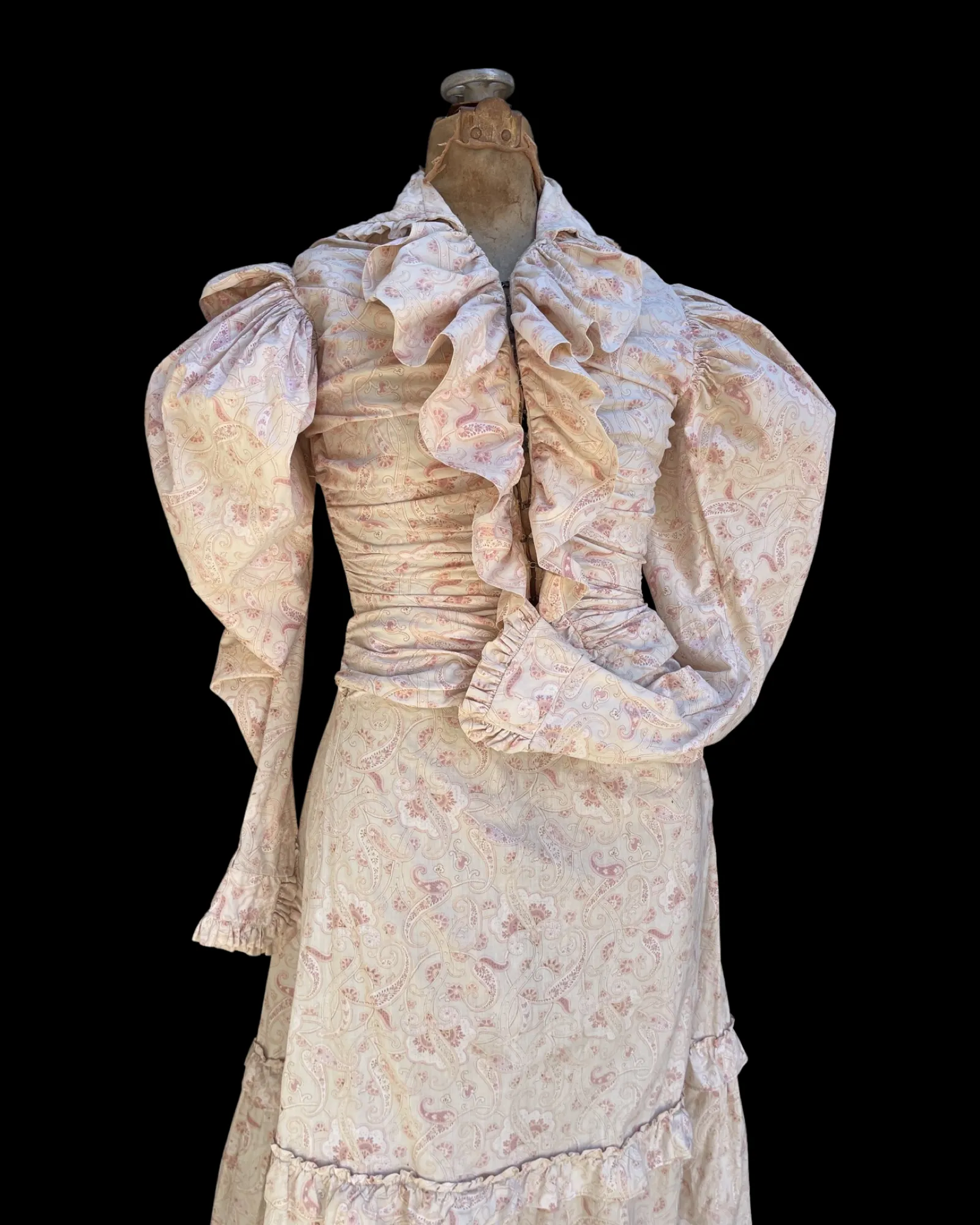 Late 19th C Pink Paisley Calico Gigot Sleeve-Ruched Front Dress
