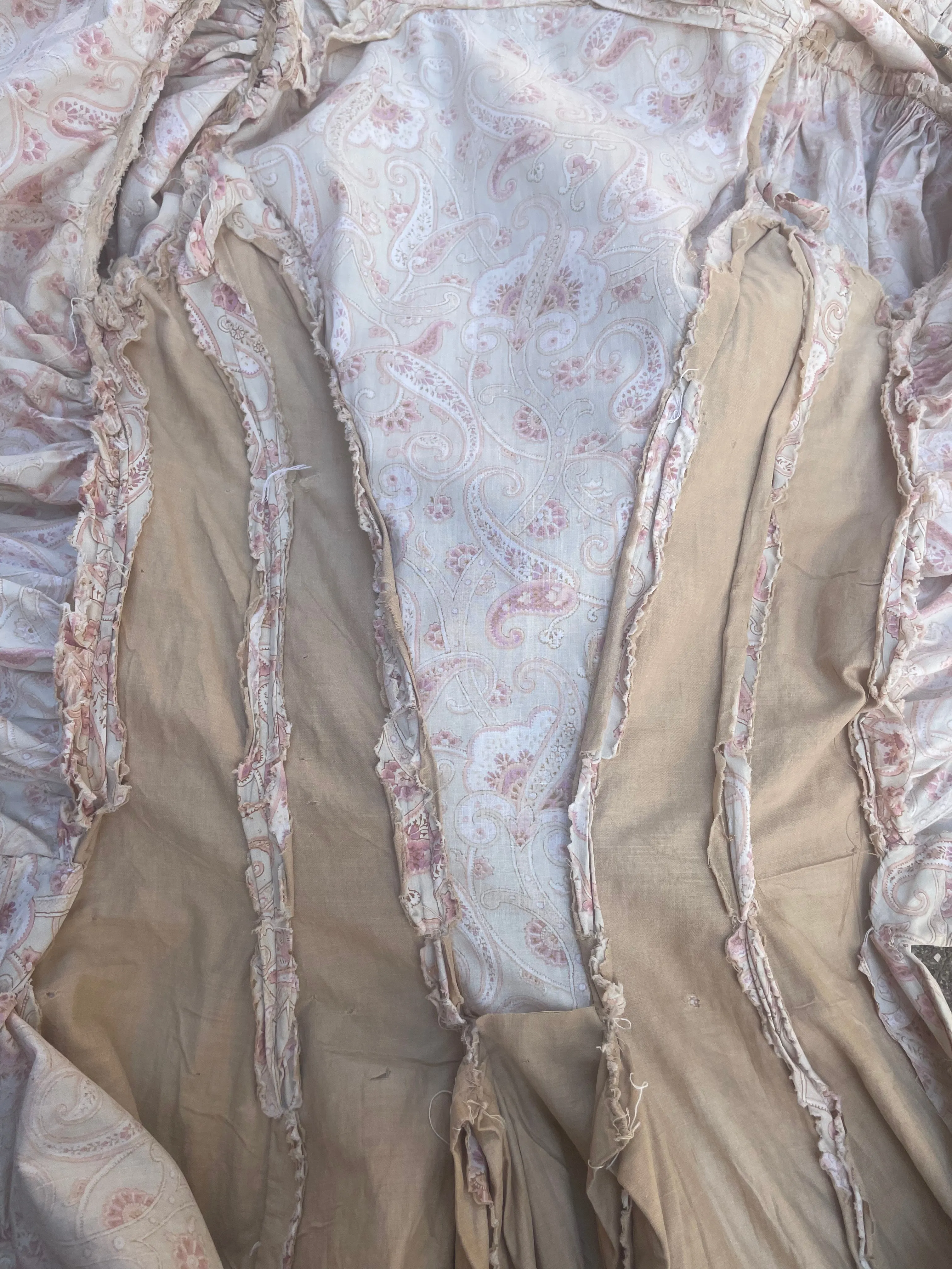 Late 19th C Pink Paisley Calico Gigot Sleeve-Ruched Front Dress
