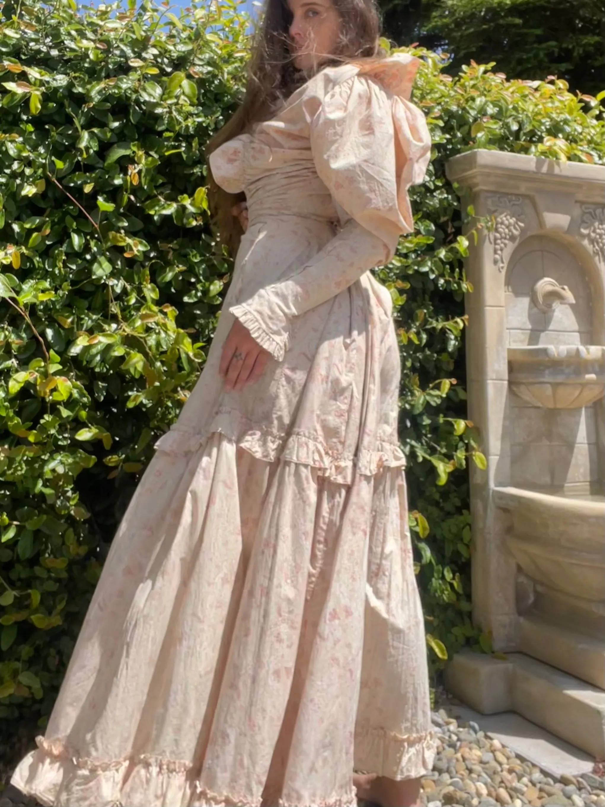 Late 19th C Pink Paisley Calico Gigot Sleeve-Ruched Front Dress