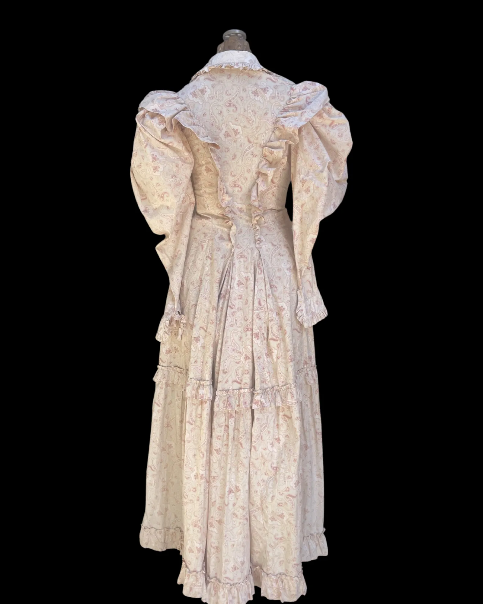 Late 19th C Pink Paisley Calico Gigot Sleeve-Ruched Front Dress