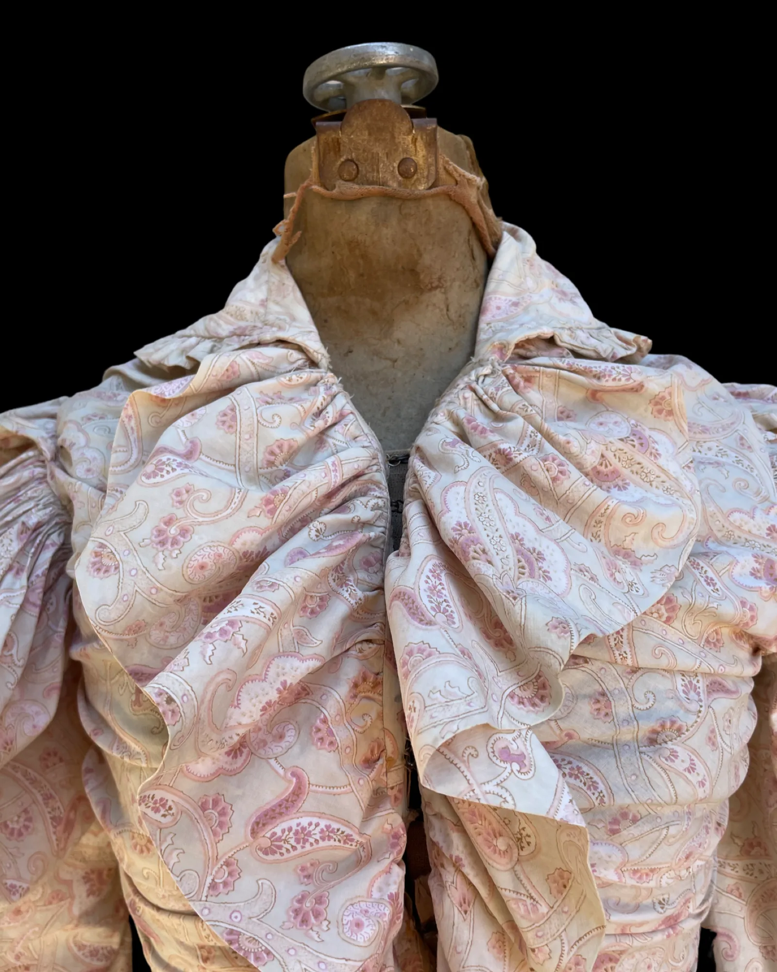 Late 19th C Pink Paisley Calico Gigot Sleeve-Ruched Front Dress