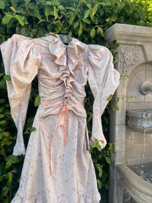 Late 19th C Pink Paisley Calico Gigot Sleeve-Ruched Front Dress