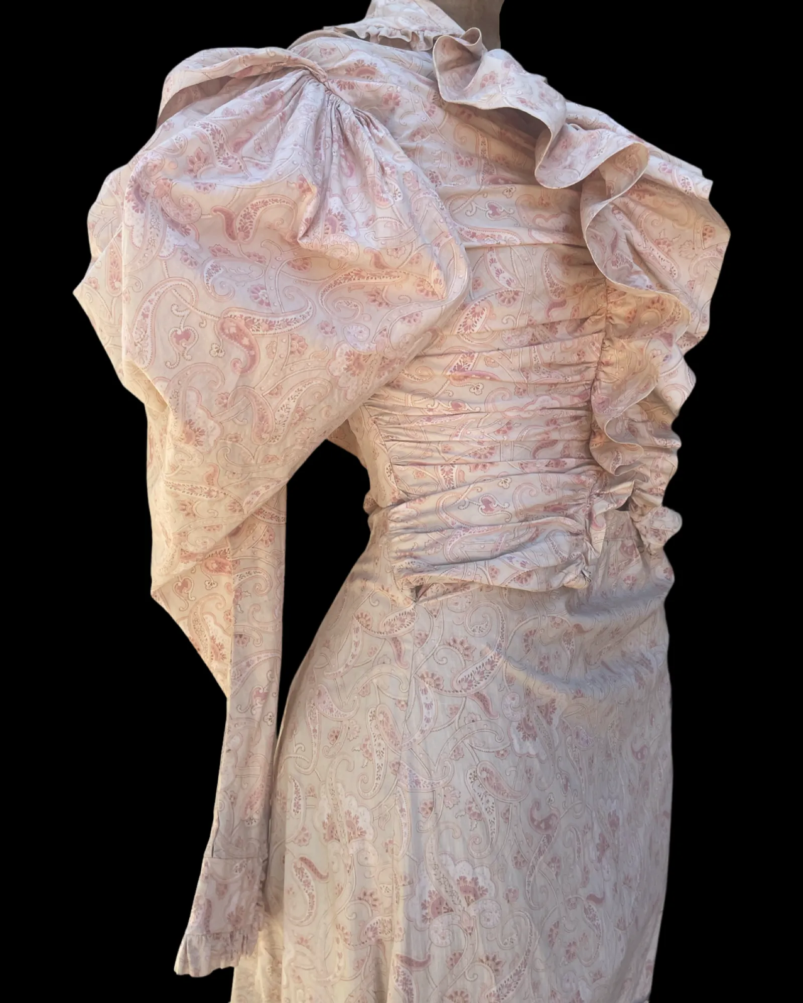 Late 19th C Pink Paisley Calico Gigot Sleeve-Ruched Front Dress