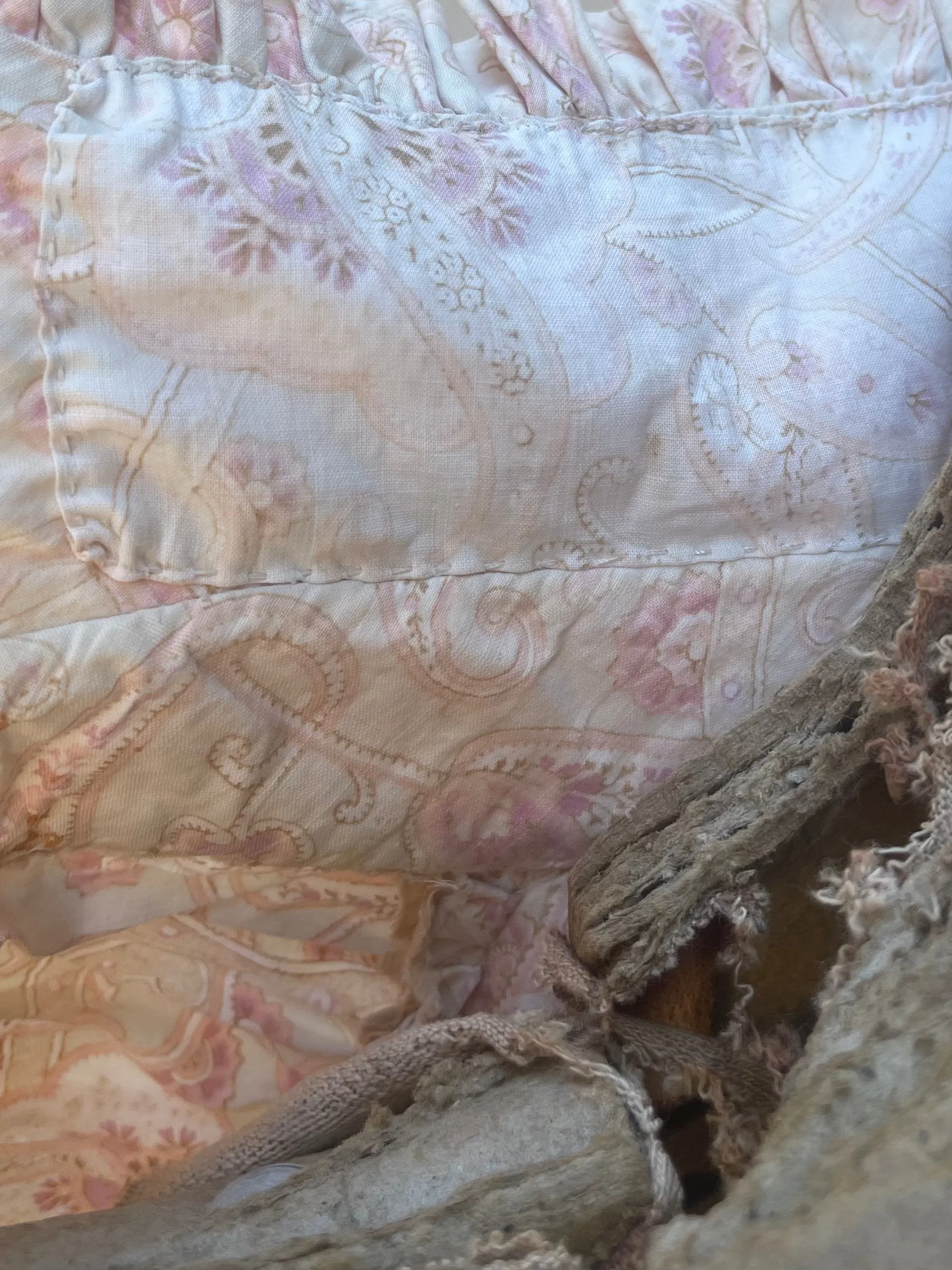 Late 19th C Pink Paisley Calico Gigot Sleeve-Ruched Front Dress