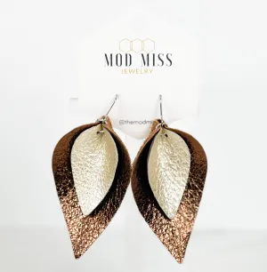 Leather Stacked Petal Earring "MetPearl MetBrown": Metallic Pearl on Metallic Brown