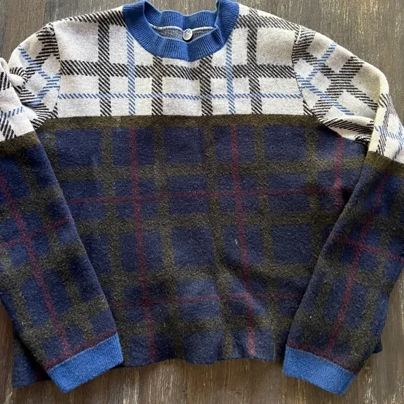 MARGARET O LEARY merino plaid crop sweater sz S