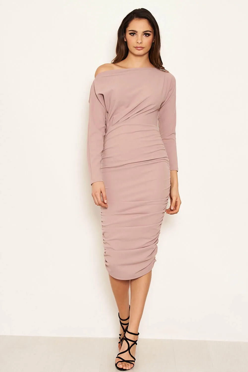 Mauve Off Shoulder Ruched Dress