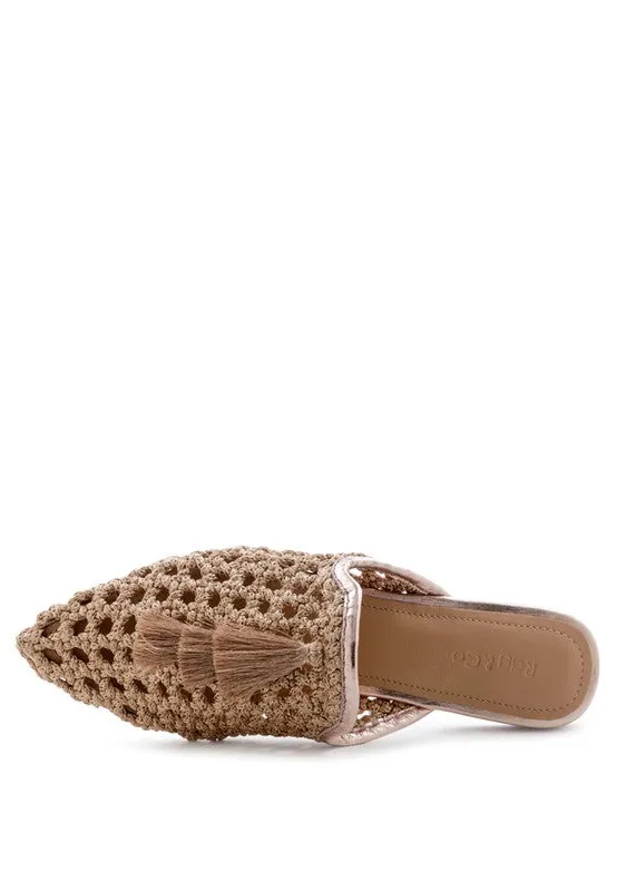 MELANIE WOVEN FLAT MULES WITH TASSELS