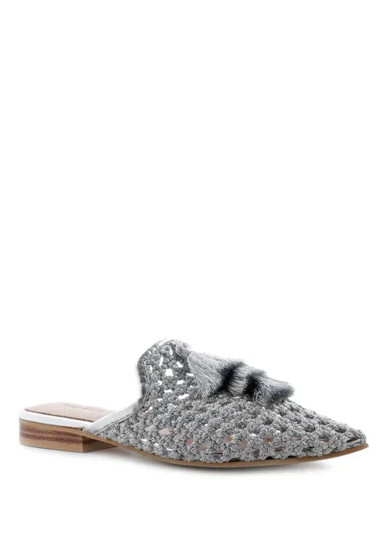 MELANIE WOVEN FLAT MULES WITH TASSELS