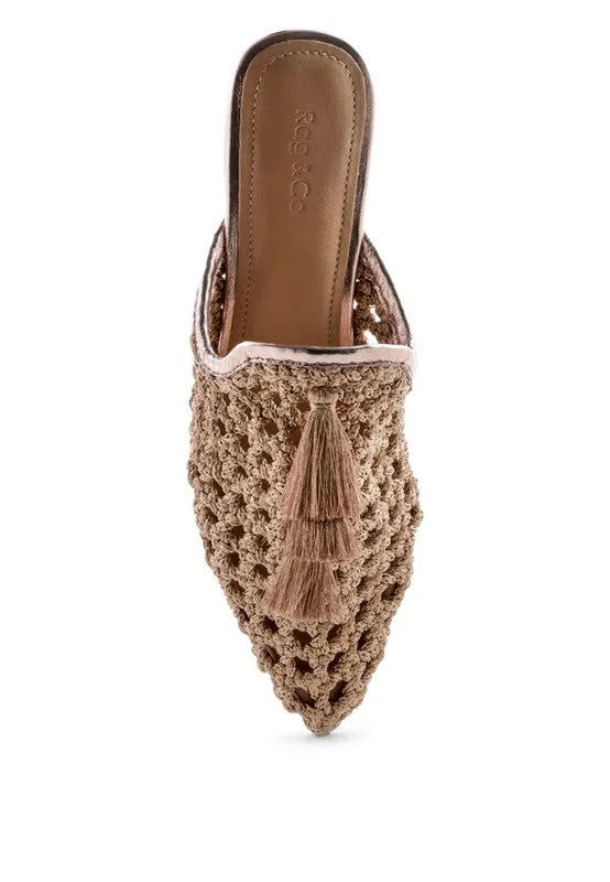 MELANIE WOVEN FLAT MULES WITH TASSELS