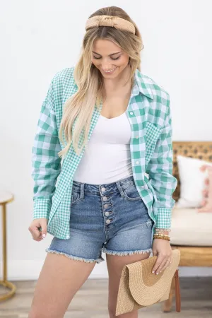 Mint Checkered Woven Button Up Top