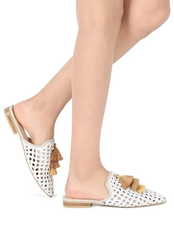MIRIAM Woven Metallic Tassel Flat Mules