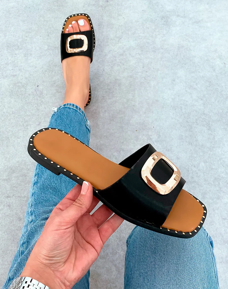 Mules femme noires éclat d'or avec semelle cloutée