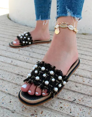 Mules noires effet tweed à perles